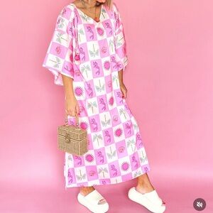 Vibrant Pink and White Patterned Midi Dress